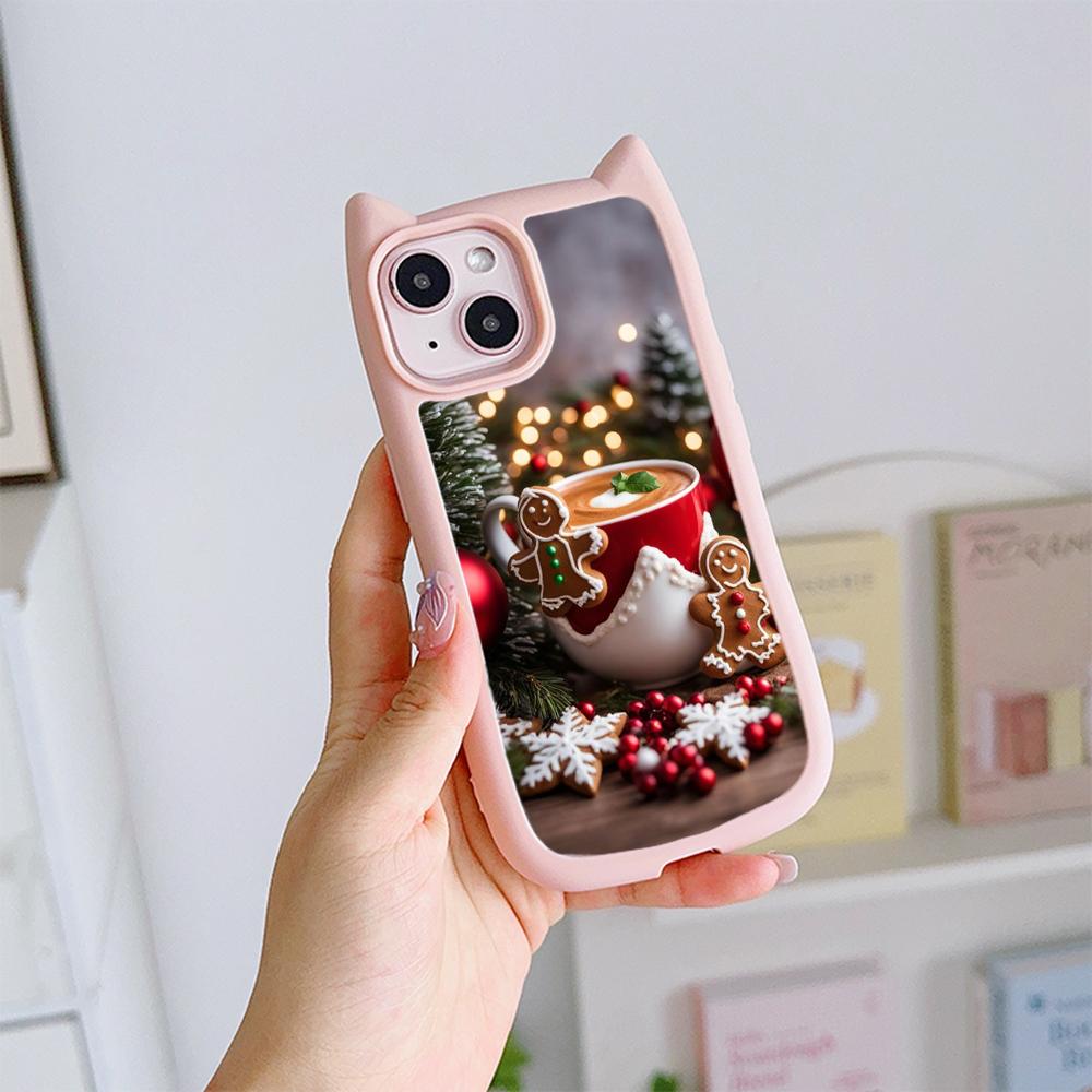 Мягкий чехол для телефона с кошачьими ушками для iPhone 16 15 14 13 12 11 Pro Max TPU Anti-Drop Прозрачная акриловая задняя крышка NY46 Рождественская елка Санта-Клауса