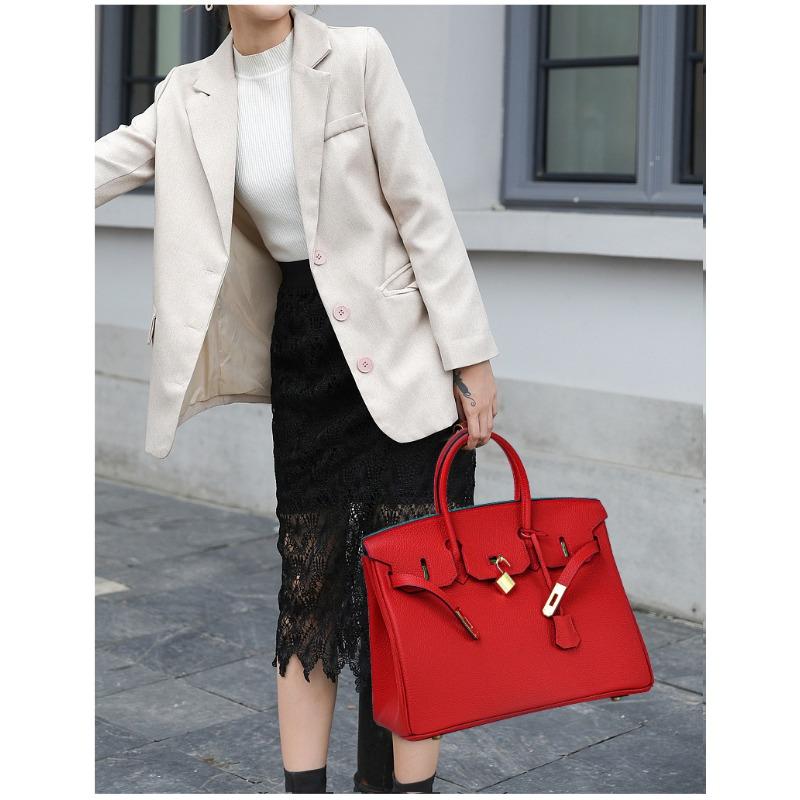 Red Handheld Head Layer Genuine Leather Large Bag Genuine Leather Women's Bag Large Capacity Handbag Temperament Lychee Pattern Platinum Bag
