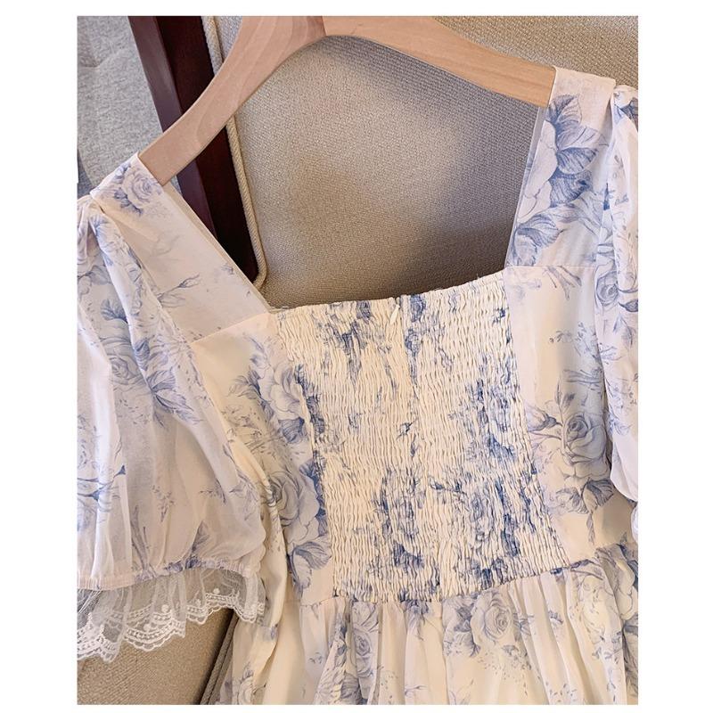 Плюс Размер Женское Летнее Высококачественное Стильное Винтажное Квадратный Воротник Рукава Сумка Цветочное Платье