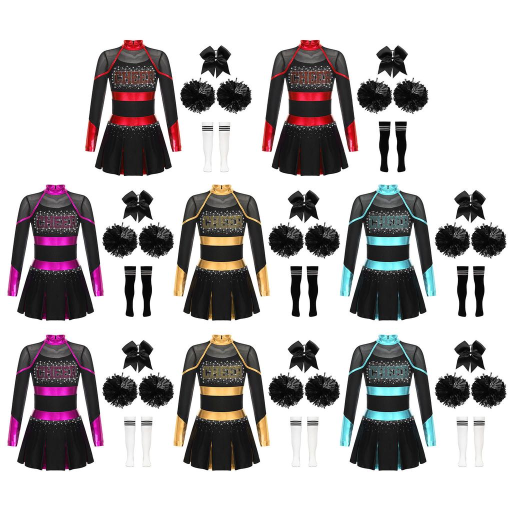 Girls Cheerleading Dance Outfit Halloween Fancy Dress Up Long Sleeve Dress Cheer Leader Uniform Masquerade Cosplay Outfits