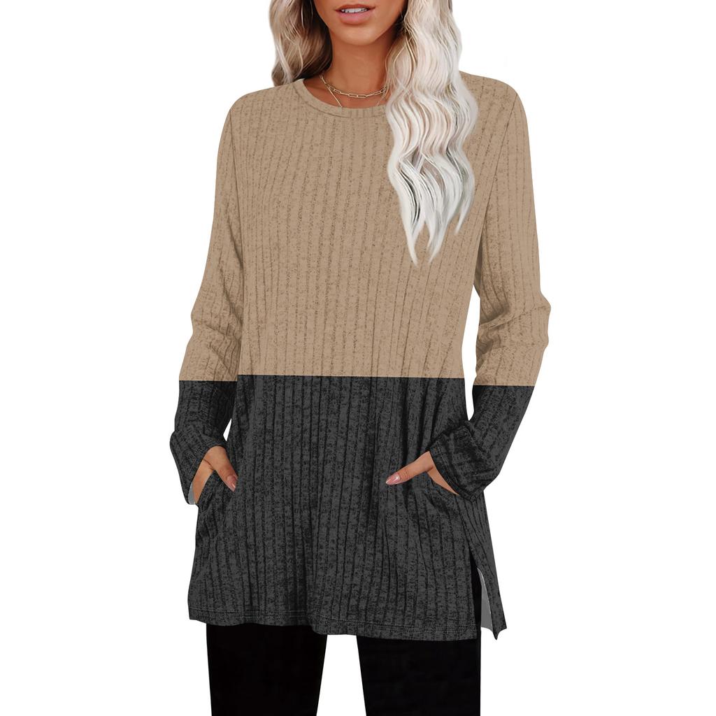 Женские свитера с круглым вырезом, рубашки с длинным рукавом и карманами, осенние наряды, модная зимняя одежда, боковой разрез