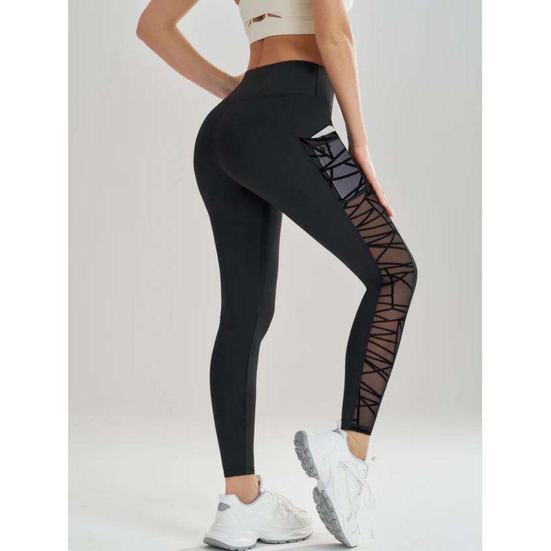 Side Pockets High Waist Yoga Leggings for Women, Mesh Panel Compression Butt Lifting Workout Gym Pants