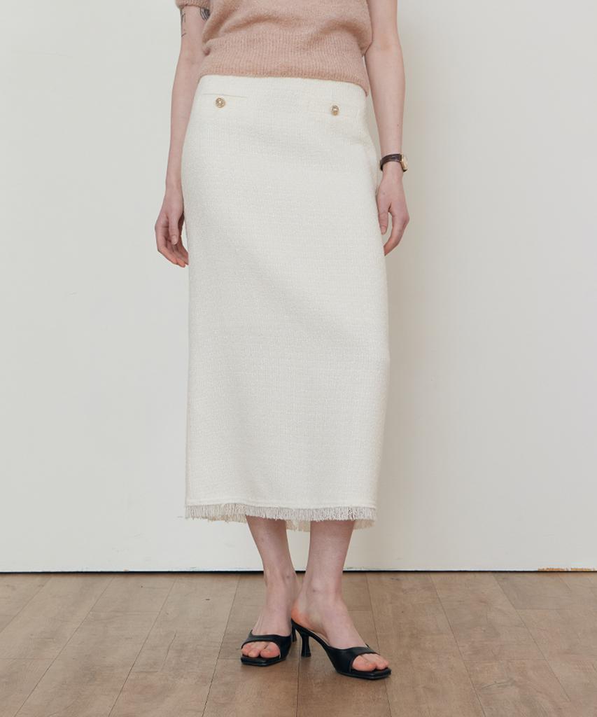 Step Around Tweed Fringe H-Line Skirt_Ivory