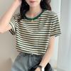 Fresh Green Striped T-shirt Women's Summer Short-sleeved 2024 New Loose Round Neck Versatile T-shirt Niche Upper Clothes