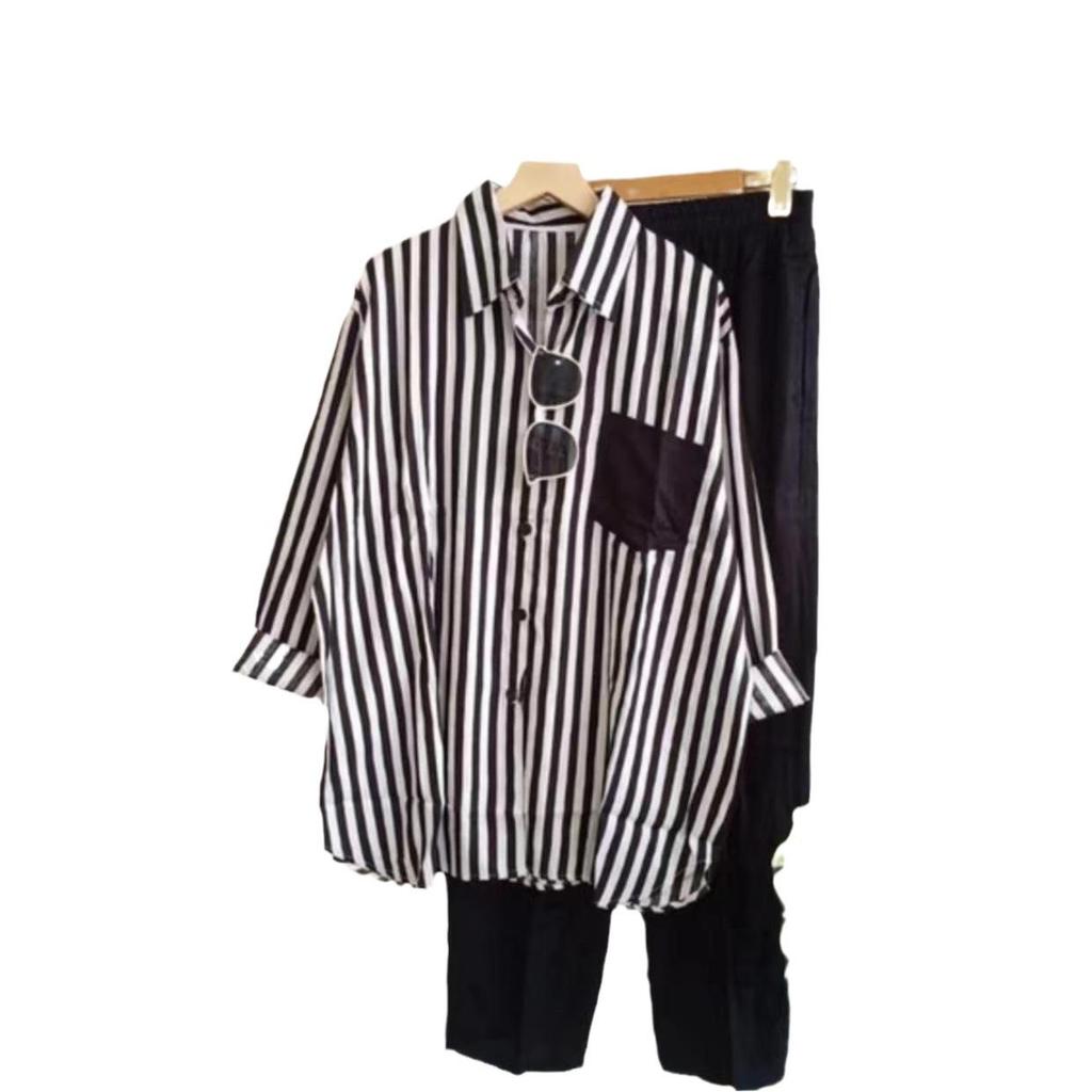 Plus Size Striped Long Sleeve Casual Two-Piece Set