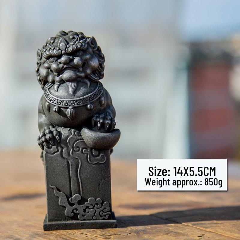 Chinese Cast Iron Stone Lion Desktop Ornament: Cultural Craft for Wealth and Protection.