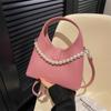 Fashion Solid Design PU Bag High-Grade Sense Pearl Chains Portable Small Bucket Pack Female Korean Version Commuter Handbag