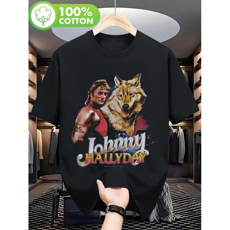 Мужская винтажная графическая футболка Johny Hallyday 1990-х годов | Ретро-футболка в стиле рок с изображением тигра и геометрическим дизайном, стандартный крой, короткий рукав, круглый вырез, для любого сезона