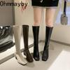 Street Style Winter Warm Cotton Women Knee-High Boots Fashion Soft Leather Long Booties Concise Square Heels Ladies Shoes