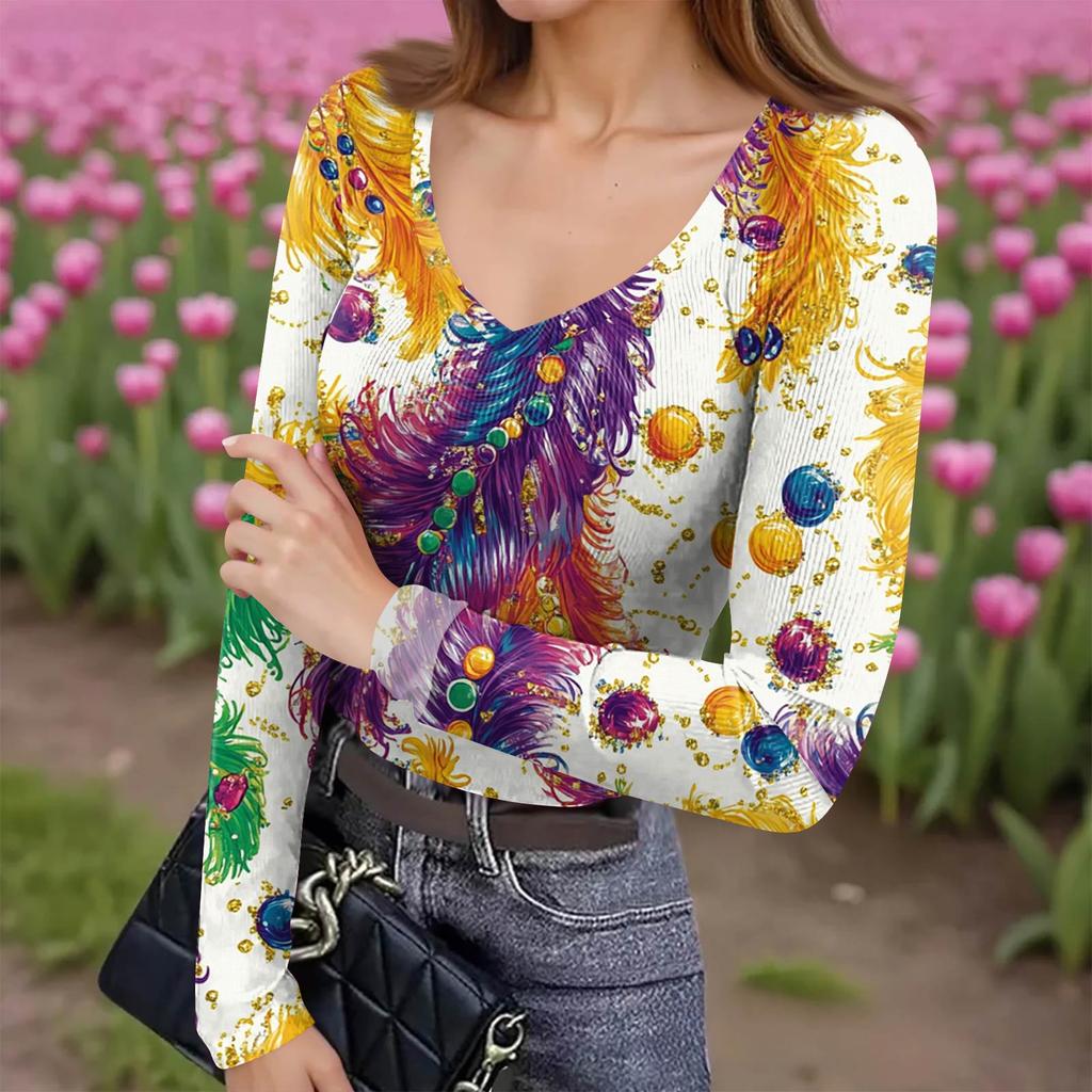 Женская зимняя приталенная футболка-базовый слой, модный принт, V-образный вырез, пуловер, топ с длинным рукавом