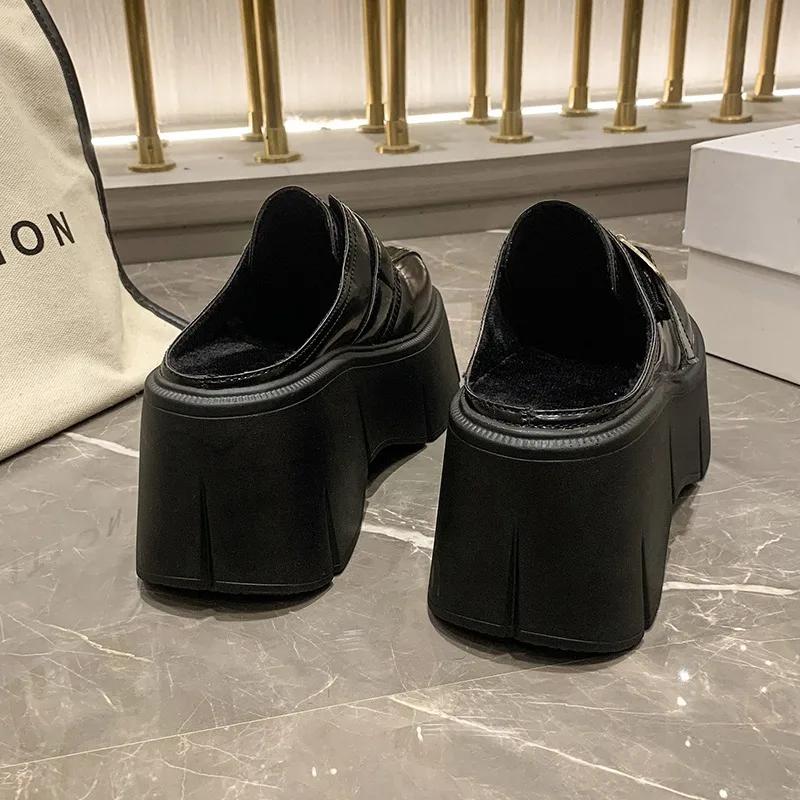 Fashion Fashion 8cm Winter Warm Women Zandalias De Mujer Females Buckle Platform Slippers Wedge Flat Sandals Slides Shoes Student-shoes