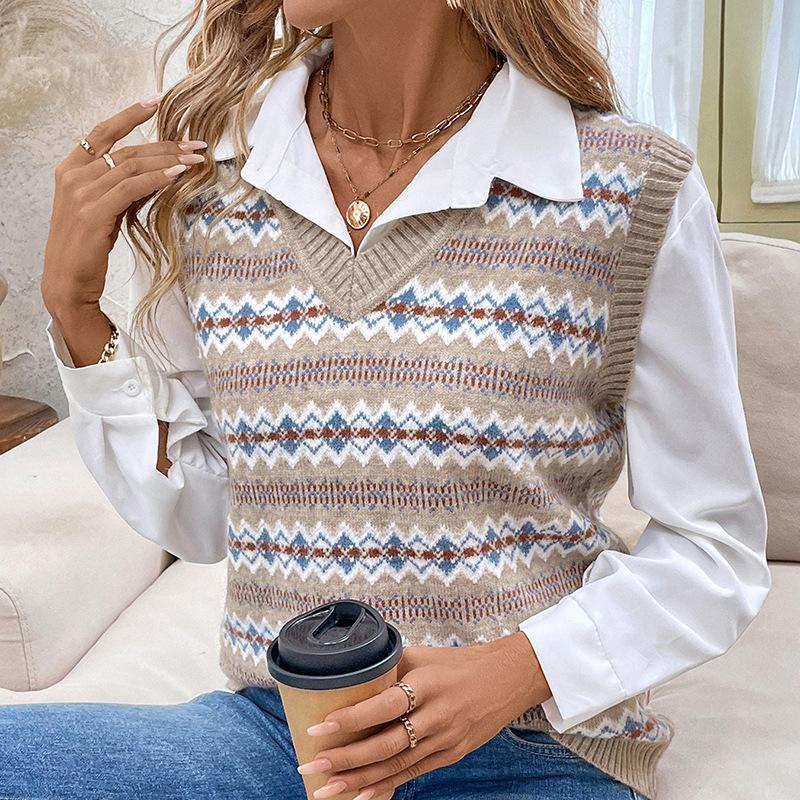 Women's Autumn Sleeveless Printed V-neck Top Ethnic Style Jacquard Knitted Keep Warm Vest