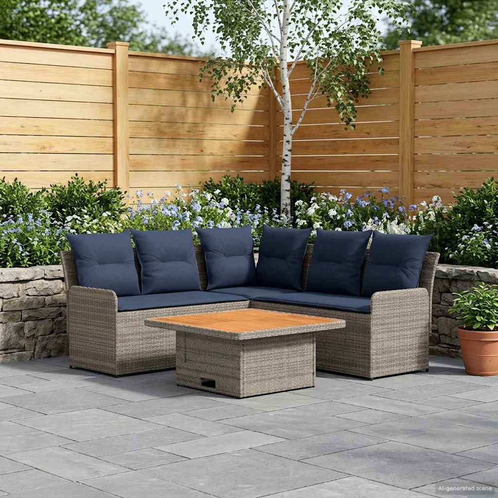 4 Piece Furniture Set with Cushions in Grey and Navy Blue PE Rattan