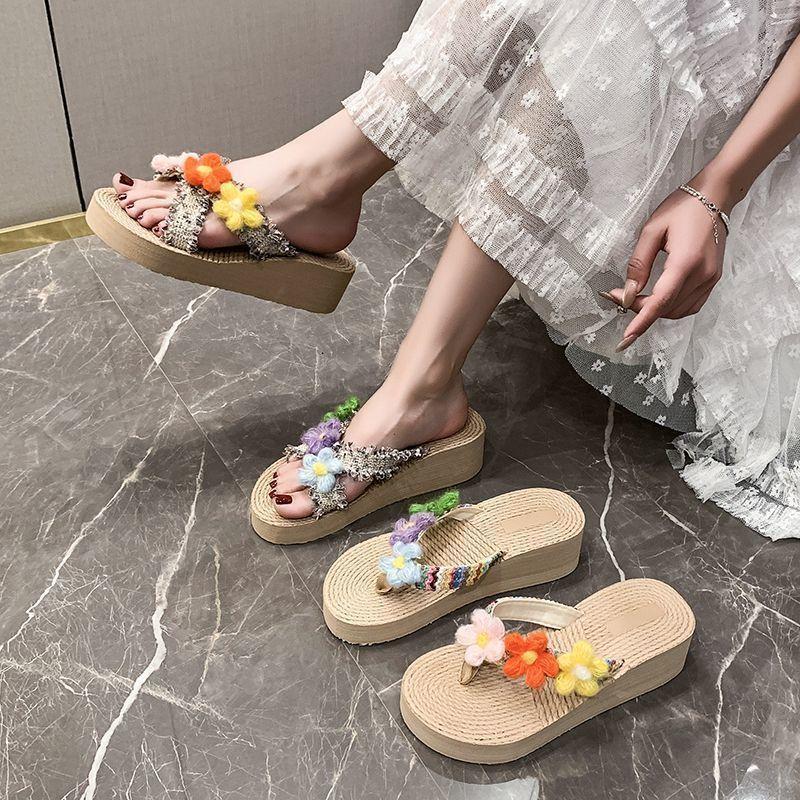 Flower Thick-soled Flip-flops Female Ins2025 Seaside Vacation Beach Shoes Pinch Sandals