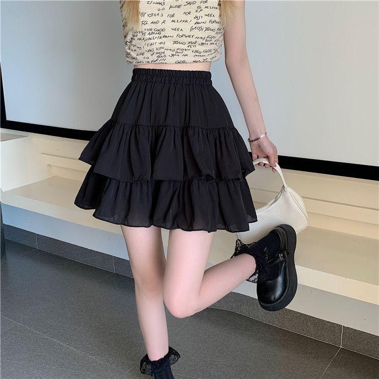 Pleated A-line Mini Skirt White Women Ruffles Sweet Hottie Preppy Style Elastic Waist Slim Thin Casual Summer Skirts