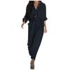 Women's Fashion Retro Casual Loose Solid Color Cotton Linen Lapel Belt Cargo Jumpsuit
