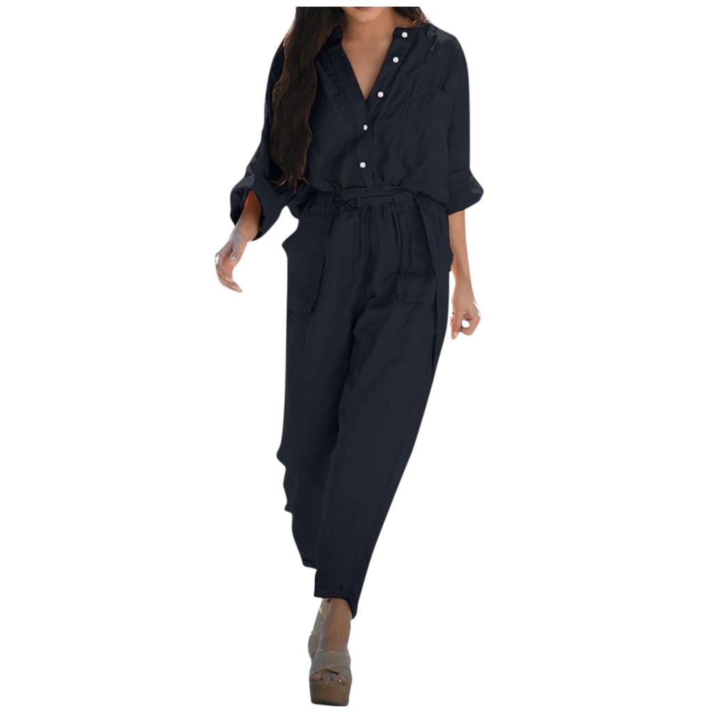 Women's Fashion Retro Casual Loose Solid Color Cotton Linen Lapel Belt Cargo Jumpsuit