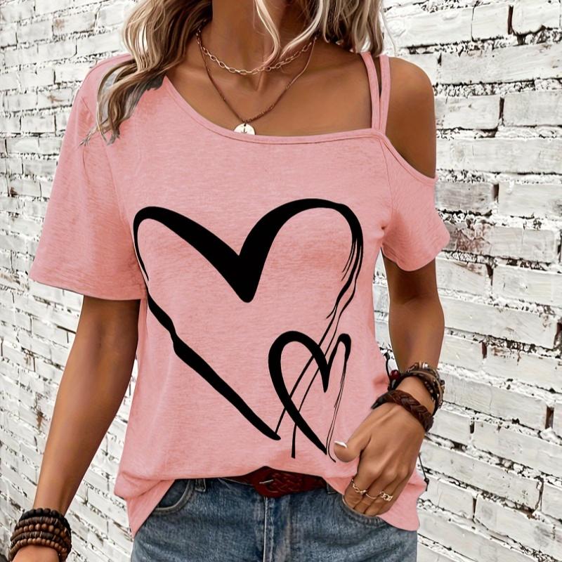 Асимметричная футболка с коротким рукавом и принтом в виде сердца, свободный сексуальный топ с легкой эластичностью, микроэластичность, случайный рисунок, машинная стирка