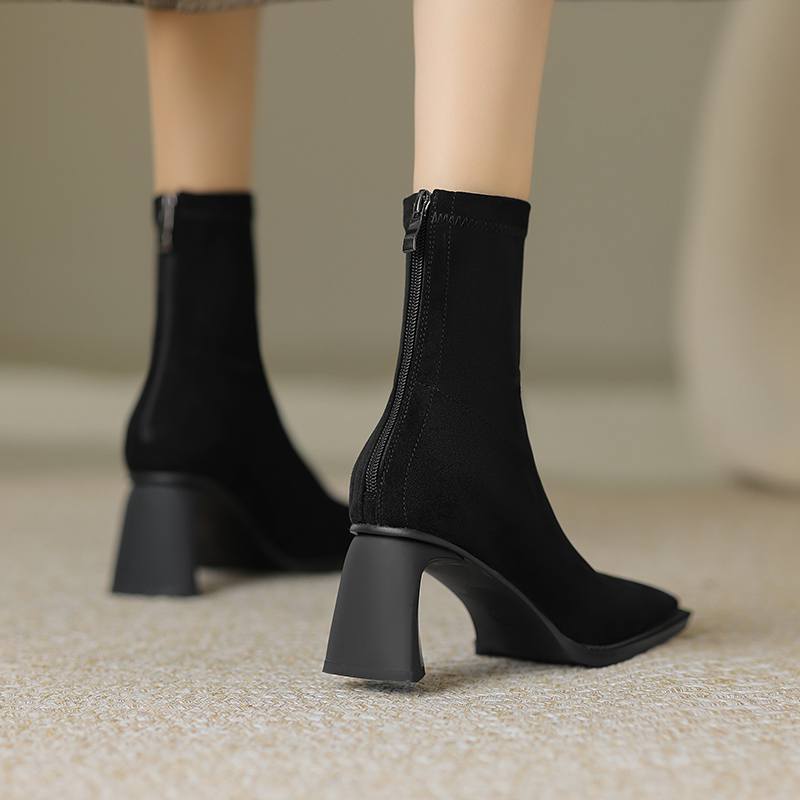 Krazing Pot Зимние эластичные ботинки из флока с квадратным носком на толстом высоком каблуке и молнии, женские ботильоны из натуральной кожи Stovepipe