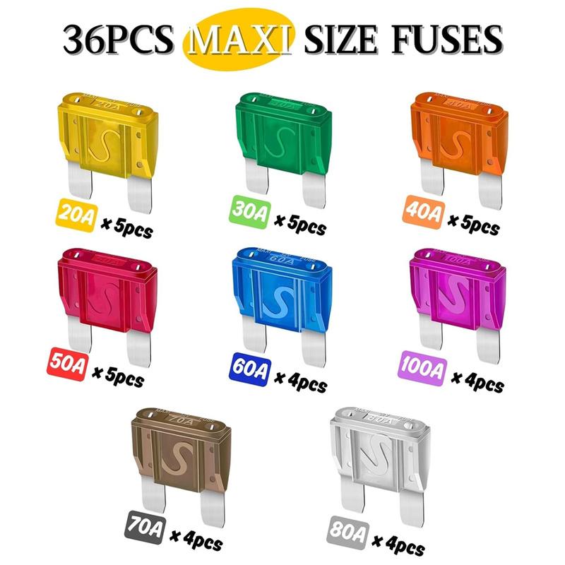 36pcs Maxi Blade Fuse Assortment Kit , 20A 30A 40A 50A 60A 70A 80A 100A 32V Large Blade Style Fuse For Motorcycle/Boat/Truck