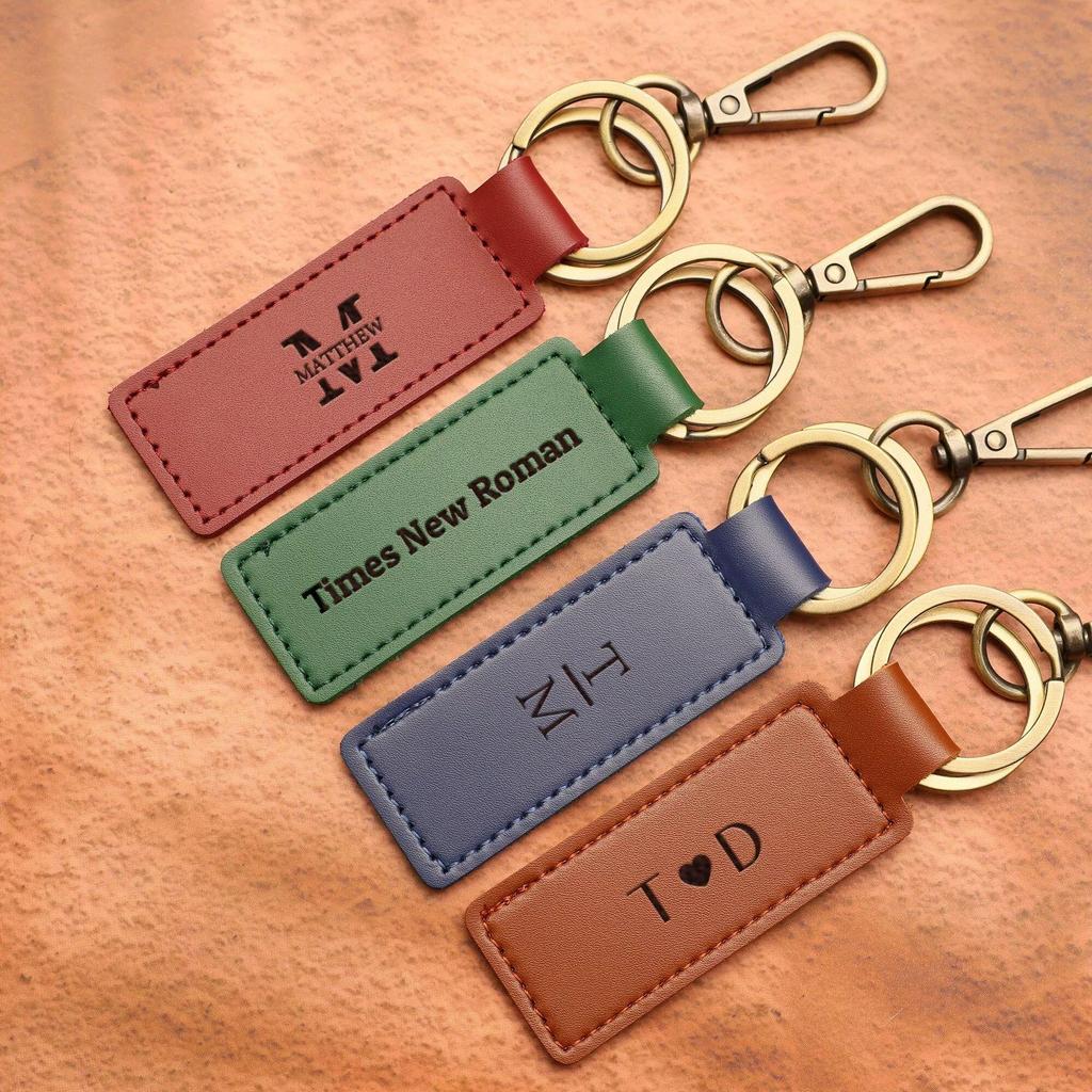Retro PU Leather Keychain with Double Ring & Metal Pendant
