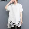 DIMANAF летняя женская футболка больших размеров, хлопковая кружевная футболка, модные женские топы, футболка-туника, свободная повседневная черная одежда оверсайз