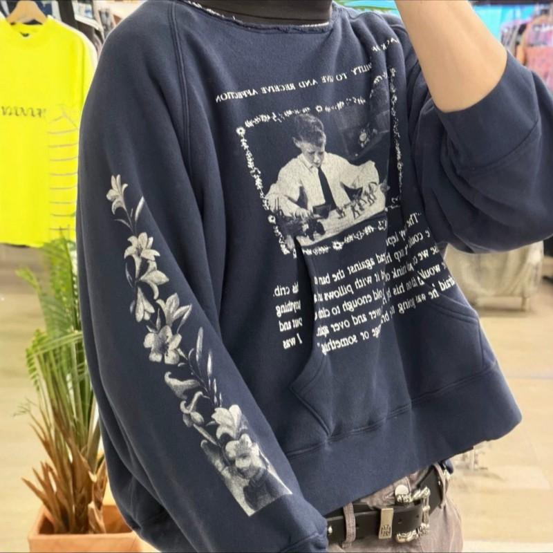 Unisex Oversized Cotton Long Sleeve Tee With Distressed Vintage Print Round Neck Casual Top Teens Adults