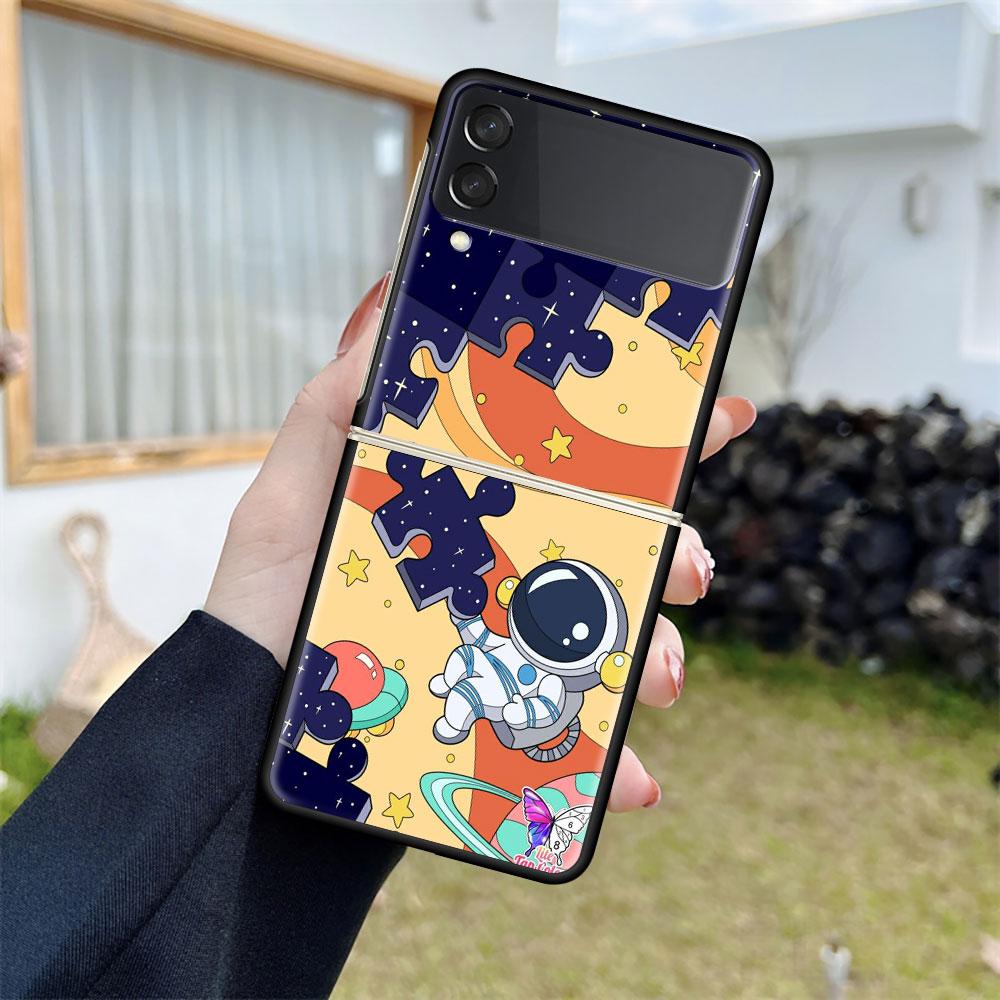 Роскошный чехол для Samsung Galaxy Z Flip 4 3 5G, черный ПК, жесткие чехлы для телефонов, модная задняя крышка ZFlip Funda, мультяшный крутой мешок астронавта