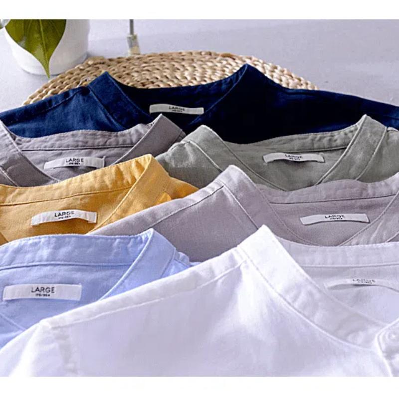 Базовая летняя рубашка для мужчин с воротником-стойкой, однотонная рубашка из хлопка и льна с коротким рукавом, размер 4XL, повседневные топы, пляжные дышащие мужские рубашки