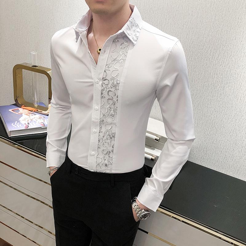 British Style Casual Shirts Men Shine Lace Splicing Personality Banquet Dress Shirts Men's Slim Tuxedo Shirt Solid Color Super Stage Costume