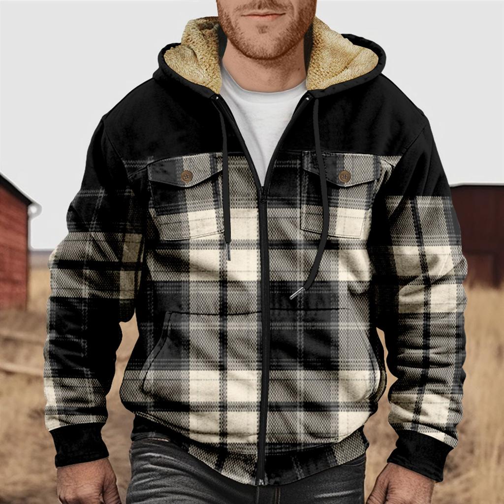 Men's Plaid Print Double Pocket Jacket Men's Spring And Autumn Casual Trend Zipper Hooded Jacket