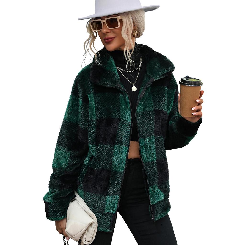 Женские куртки из флиса в клетку на молнии с плюшевыми длинными рукавами на осень-зиму и весну, верхняя одежда средней длины, модная уличная повседневная одежда