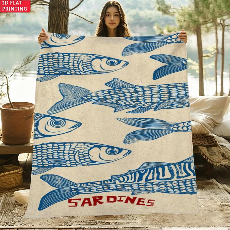 Blue Fish Sardines Text Design Flannel Blanket For Rustic Kitchen Decor Soft Warm Throw Blanket Cover