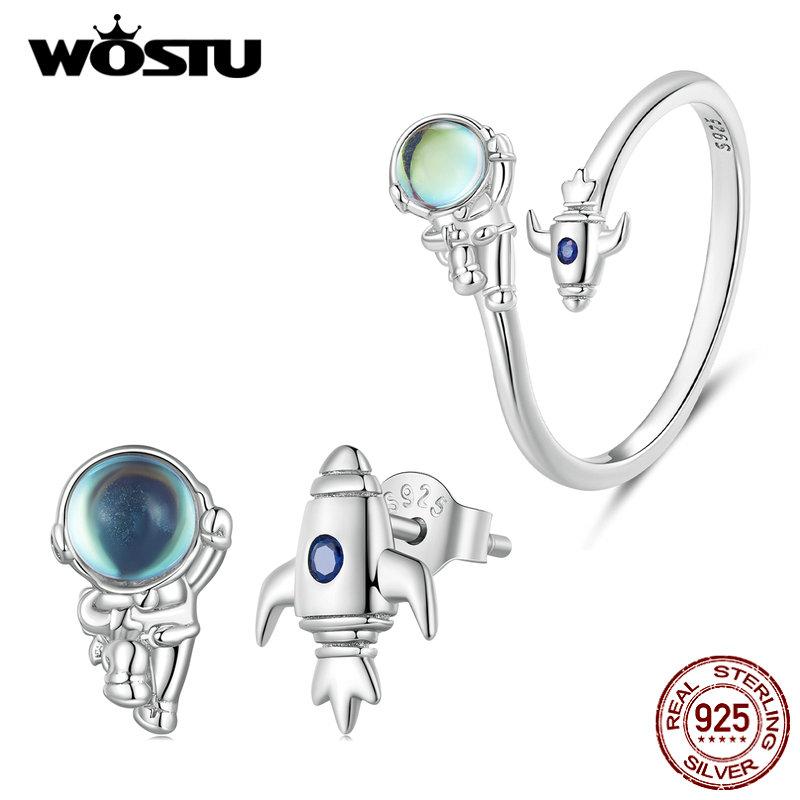 WOSTU стерлингового серебра 925 пробы, креативный космонавт, космический корабль, асимметричные открывающиеся кольца, радужные серьги-гвоздики для девочек, ювелирные изделия на день рождения, подарок