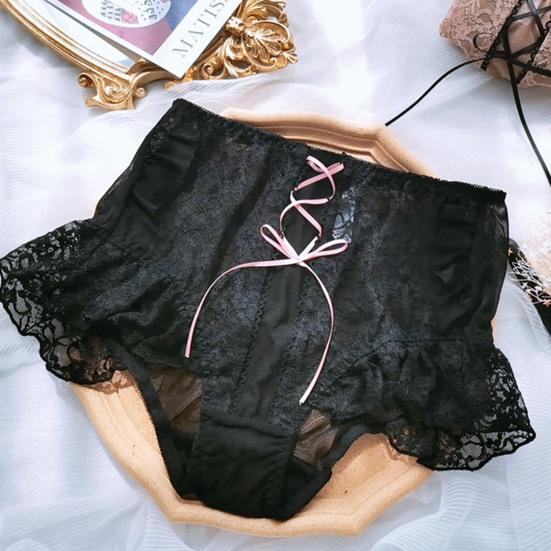Women High Waist Cross Lace-up Briefs Lightweight Lace Trim Hip Lifting