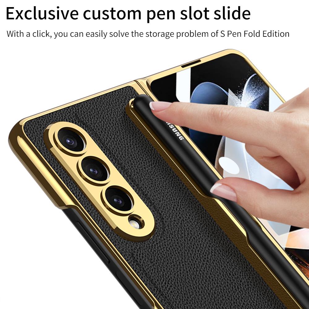Кожаный чехол для телефона Samsung Z Fold 4 со слотом для стилуса, гальваническим покрытием и защитой камеры