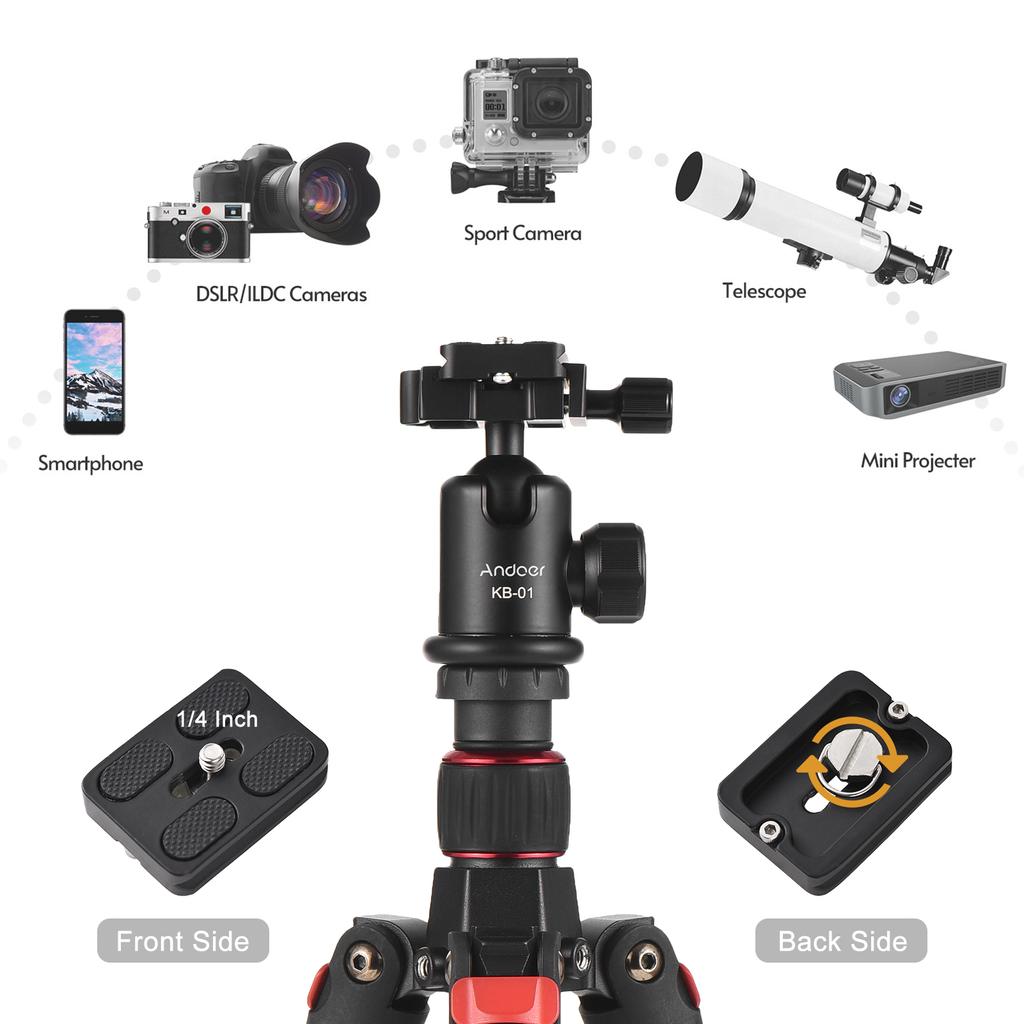 Andoer 153cm/60in Portable Camera Tripod Stand Aluminum Alloy with Detachable Monopod 360 Degrees Rotatable