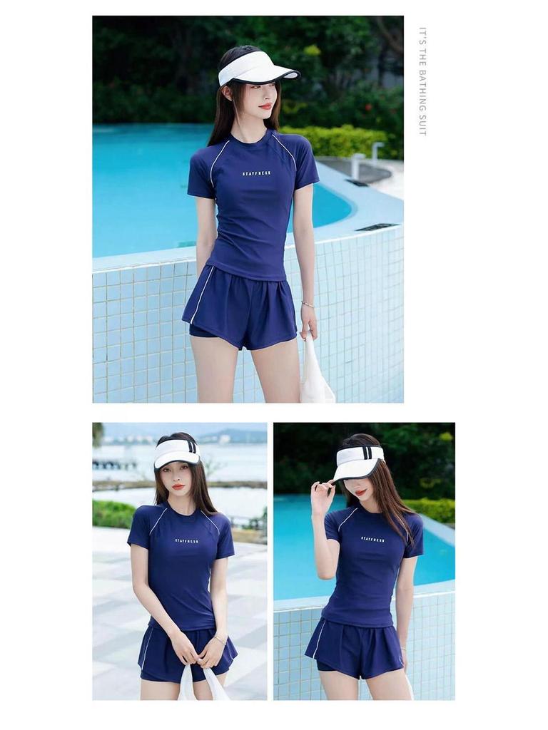 Женский консервативный купальник-двойка большого размера с коротким рукавом