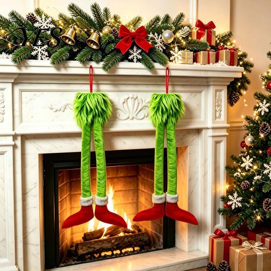 Red Green Holiday Decor Funny Elf Legs Car Hanging Ornament, Christmas Tree with Soft Exterior Decorations Plush, Pendant for Rearview Mirror, Novelty