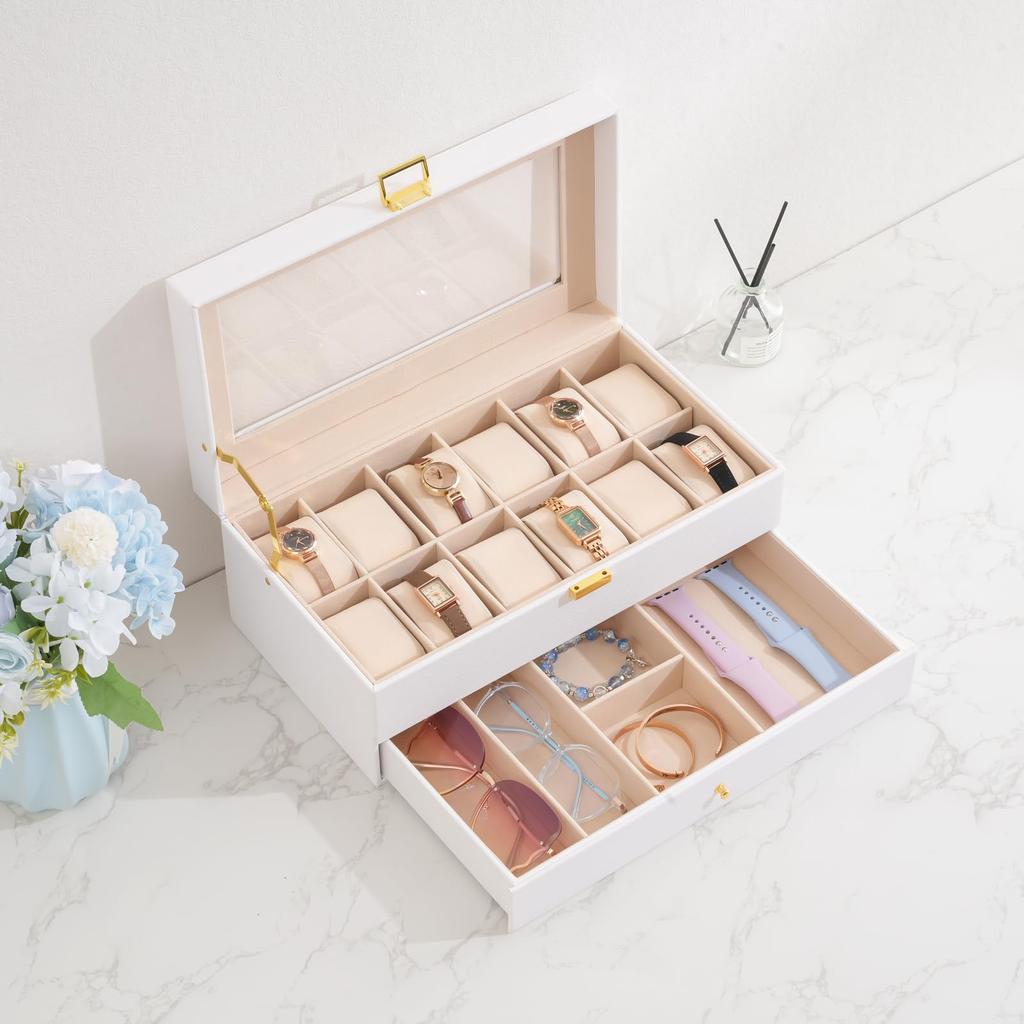 ProCase Чехол для часов с 12 слотами, витрина для часов с часовым кейсом со стеклом, 2-ярусный органайзер для хранения ювелирных изделий, мужская коробка, ящик, мужская крышка,