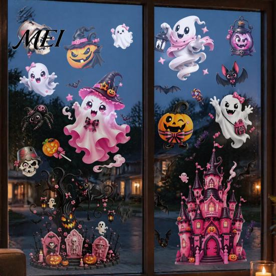 Reusable Holiday Window Adhesives 9 Pcs Pink Halloween Static Clings, Cute Skull Witch Castle Bat Pumpkin Ghost Decorations Glass Decals, No-Adhesive