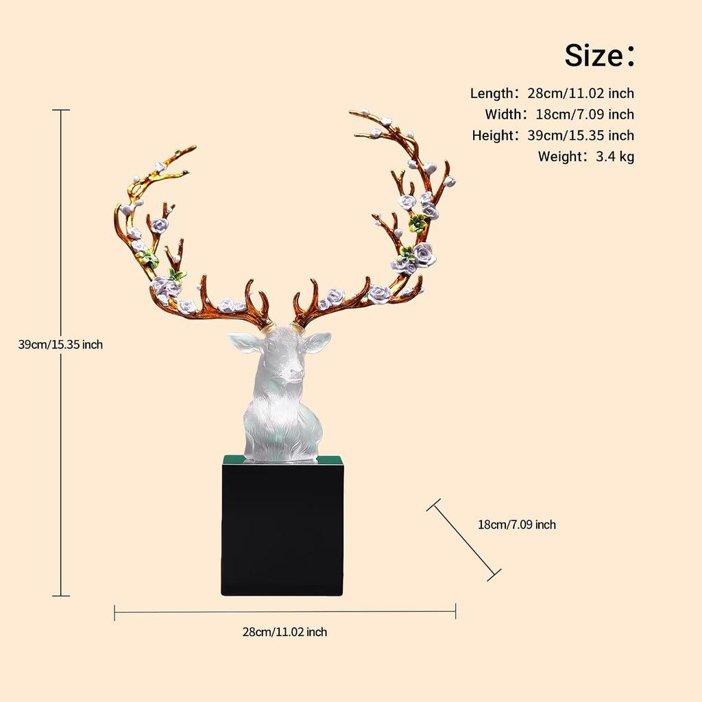 Aris & Juno Chinese Traditional Liuli (Colored Glaze) Deer Head Sculpture Handmade Enamel Artwork with Black Marble Base Home Decorative Ornament