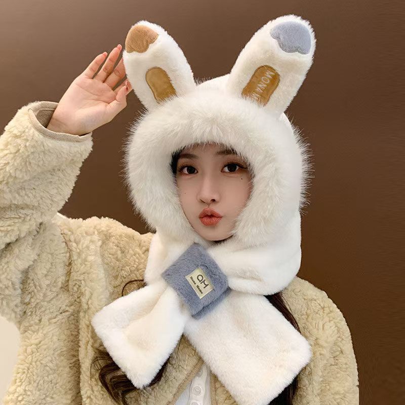 Bunny Ears Hat and Scarf All In One Hat for Women Winter Plush New Style Scarf Furry Two Piece Suit