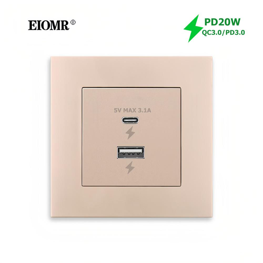 EIOMR Израиль Комбинация розетки и выключателя, Золотая огнестойкая панель, Розетка питания, Порт зарядки Type-C PD 20 Вт для дома и офиса в Израиле
