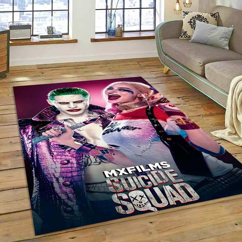 The Suicide Squad rug, inspired by the action movie, is suitable for living rooms, bedrooms, bedside areas, balconies, and other