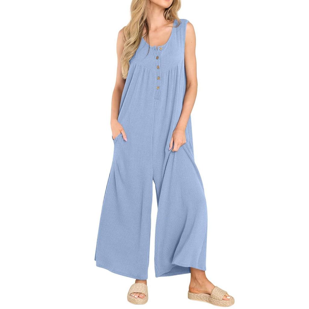 Women's Button Up Solid Color Round Neck Fresh Casual Women's Pocket Jumpsuit