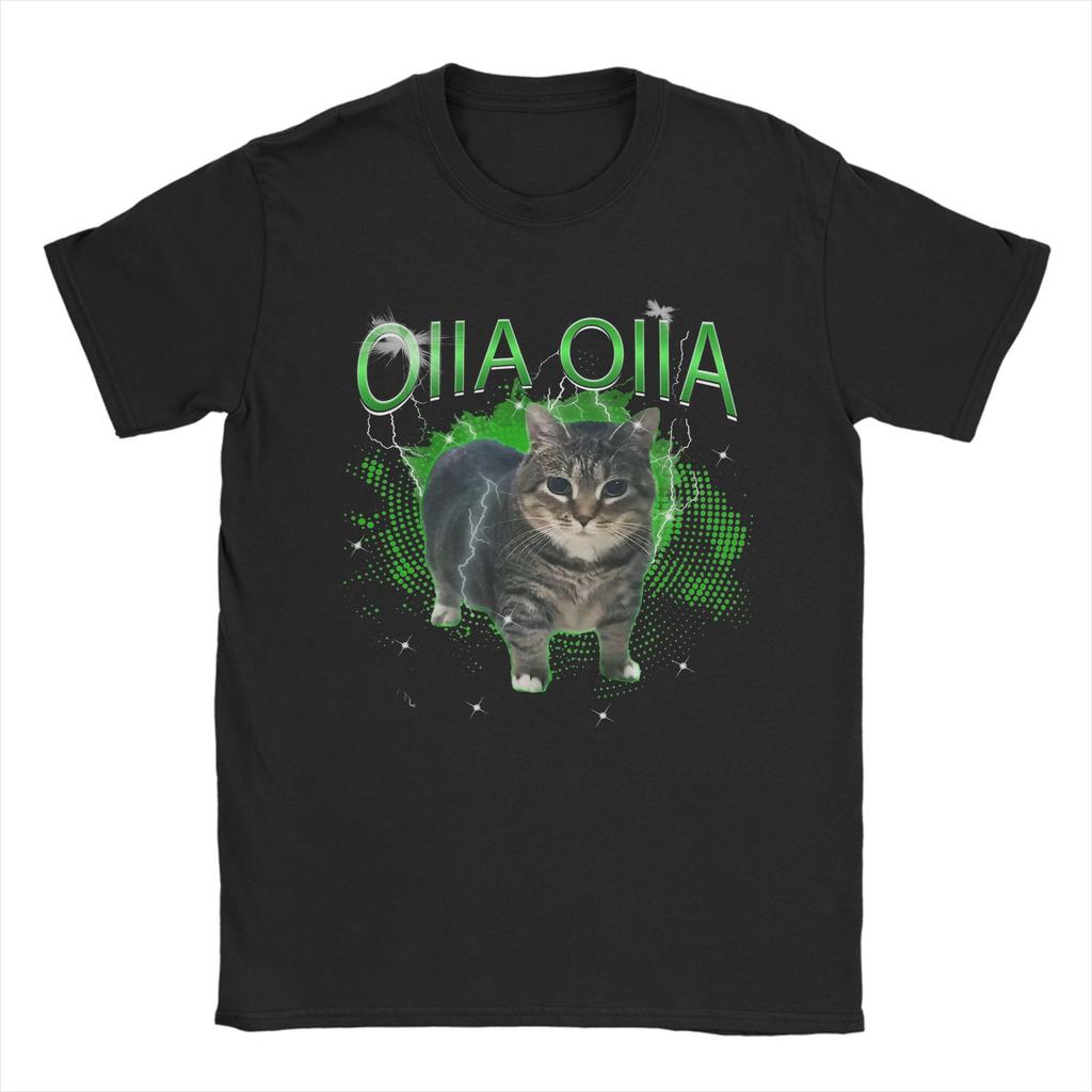 Крутящийся кот OIIA OIIA Электрический мем-кот OIIAA Футболки для мужчин Футболки из чистого хлопка Футболки с круглым вырезом Топы с коротким рукавом Подарок на день рождения