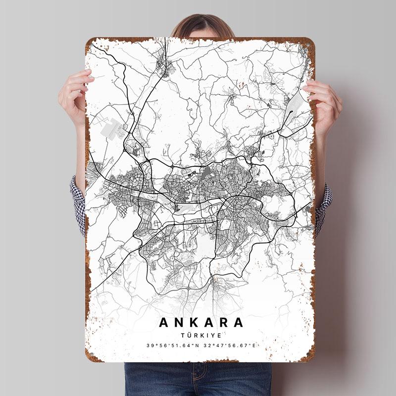 Ankara Turkiye City Map Tinplate Poster Customized Wall Art Vintage Retro Metal Signs for Man Cave Office Decor Room Ornaments