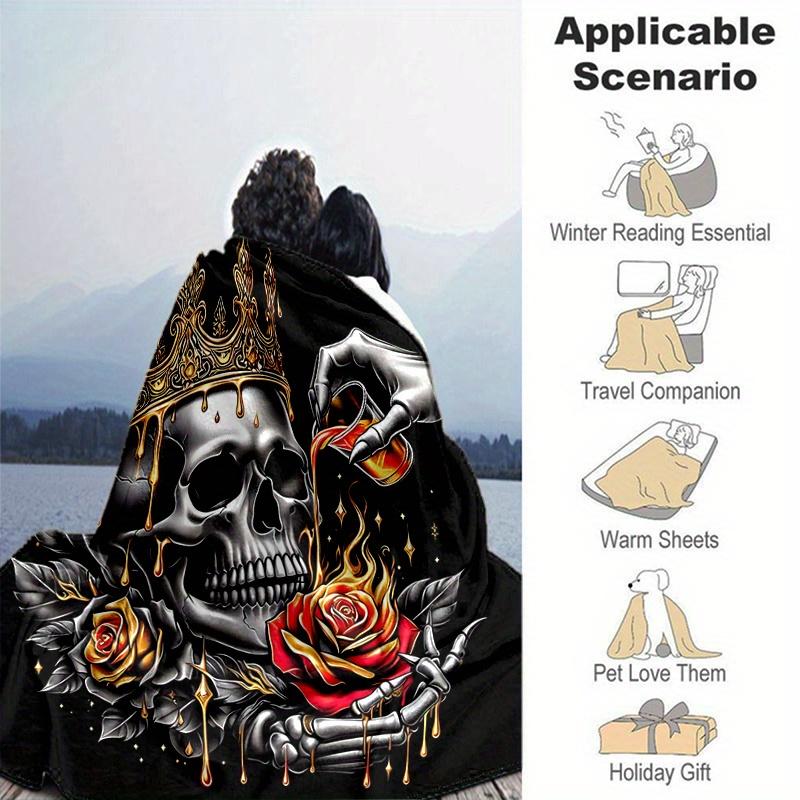 1pc Golden Crowned Skull with Roses Blanket Soft Throw for Room Decor, Perfect Gift