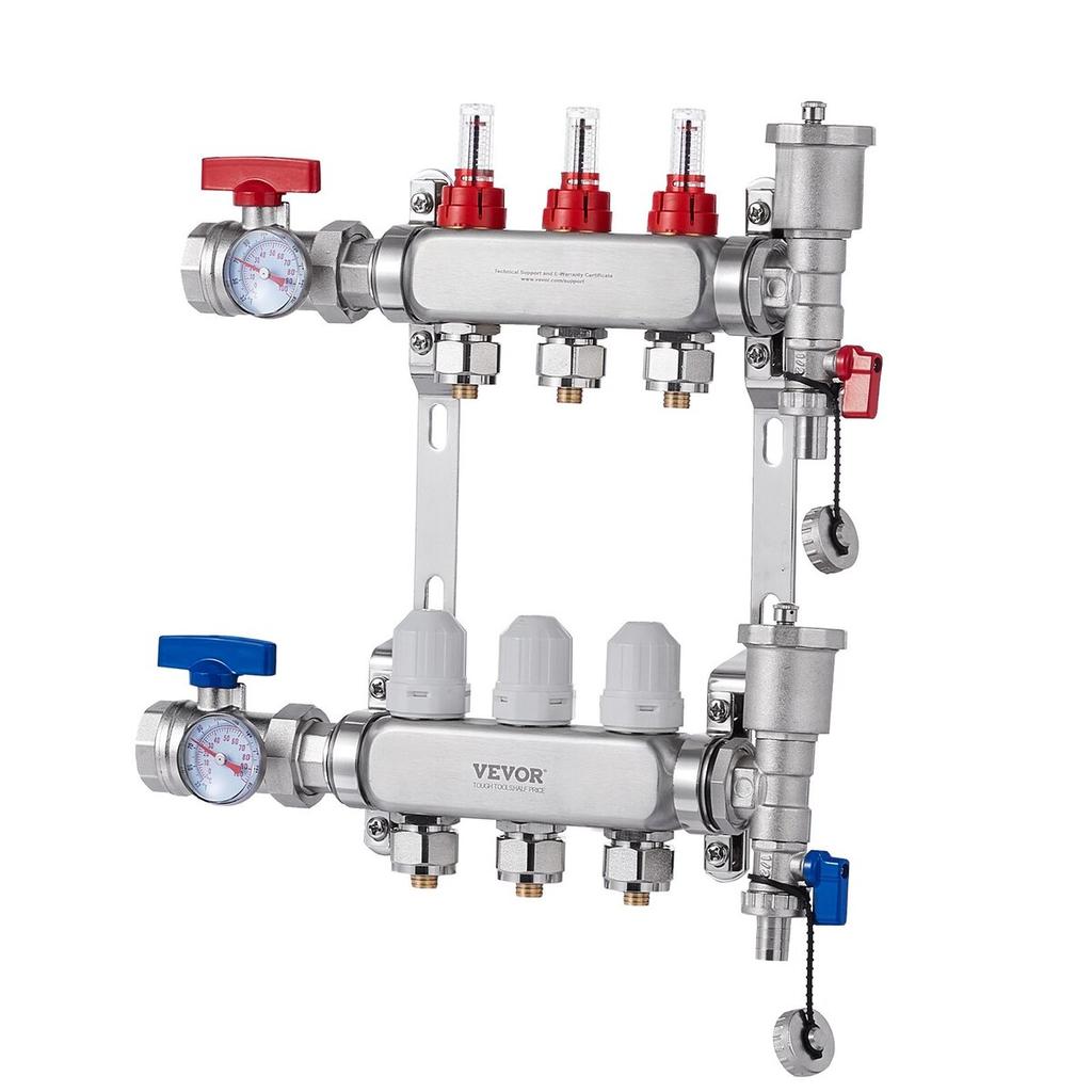 3-Branch Radiant Heat Manifold 1/2" PEX Tubing Floor Heating Manifold Set